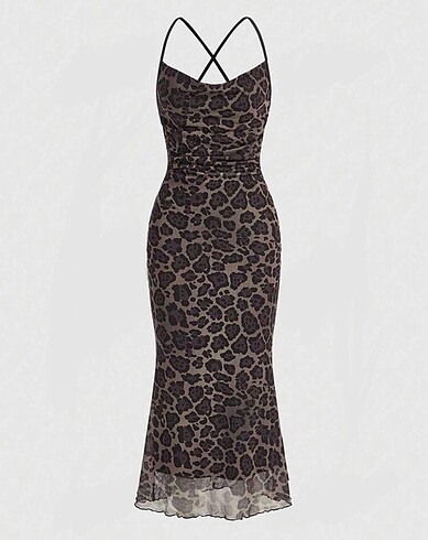y2k midi elbise leopar desenli