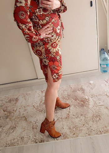 Bohem Çiçek Desenli Midi Kalem Elbise - Görsel 2