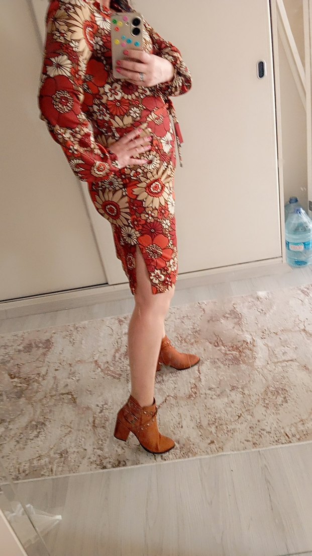 Bohem Çiçek Desenli Midi Kalem Elbise - Görsel 2