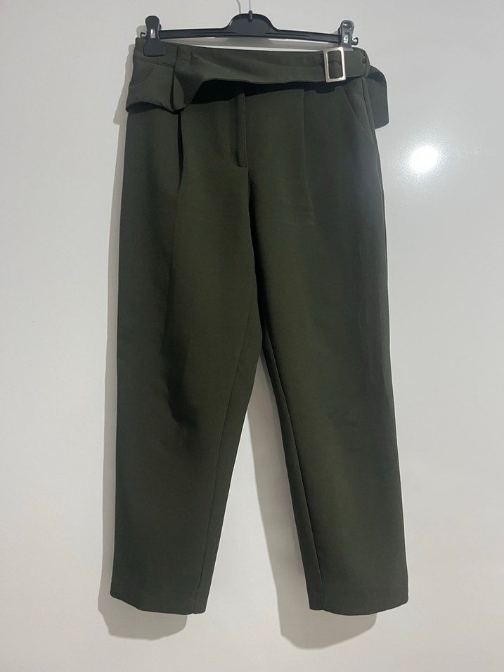 Kemerli Koyu Yeşil Kadın Kumaş Pantolon - Görsel 2