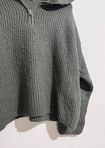Gri Yarım Fermuarlı Yün Kadın Kazak - Görsel 3