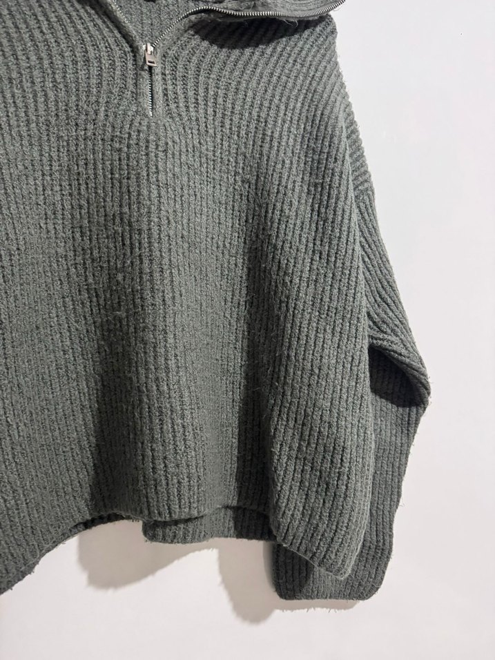 Gri Yarım Fermuarlı Yün Kadın Kazak - Görsel 3