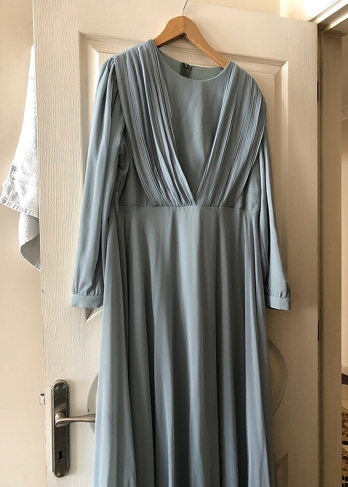 Şifon su yeşili tesettür abiye/elbise - Görsel 3