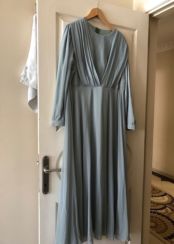 Şifon su yeşili tesettür abiye/elbise - Görsel 4