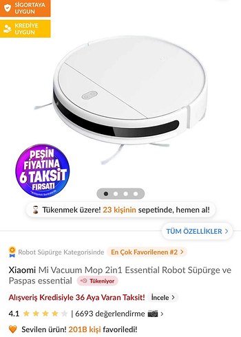 Beden Renk Xiaomi mi vaccum mop 2in1 robot süpürge