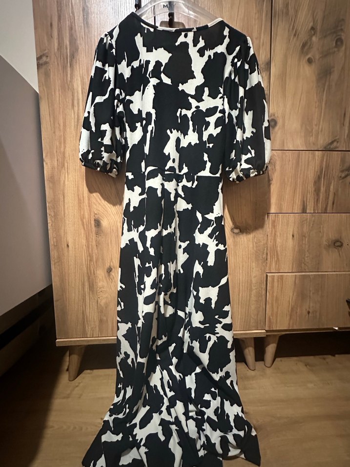 Siyah Beyaz Bağlama Desenli Uzun Elbise - Görsel 2