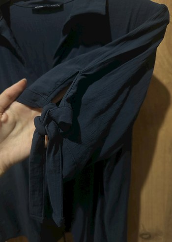 Lacivert Keten Kadın Kısa Kollu Gömlek - Görsel 5