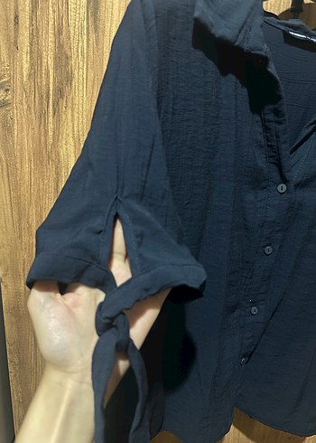 Lacivert Keten Kadın Kısa Kollu Gömlek - Görsel 3