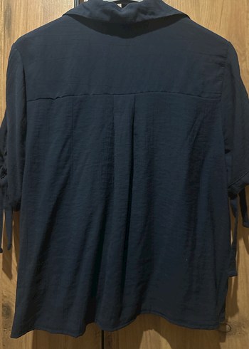 Lacivert Keten Kadın Kısa Kollu Gömlek - Görsel 2