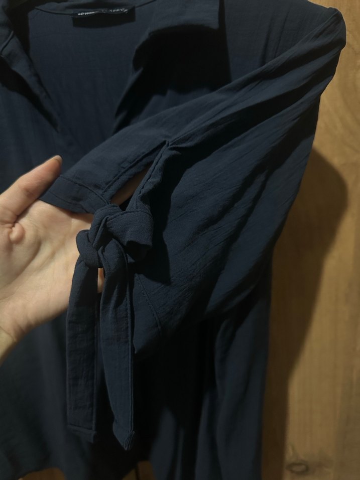 Lacivert Keten Kadın Kısa Kollu Gömlek - Görsel 5