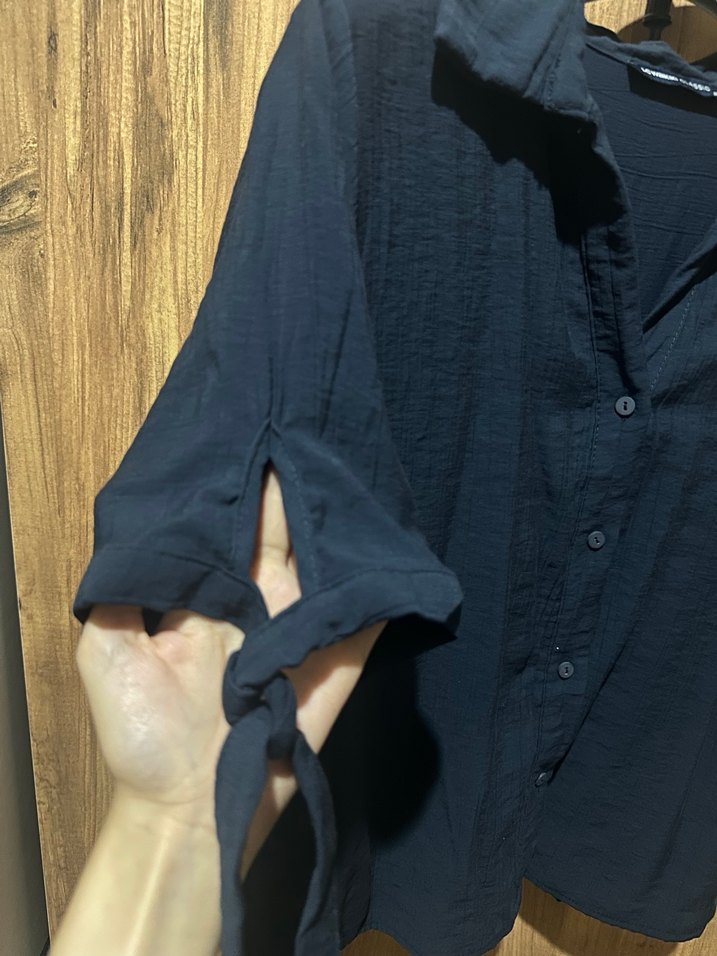 Lacivert Keten Kadın Kısa Kollu Gömlek - Görsel 3