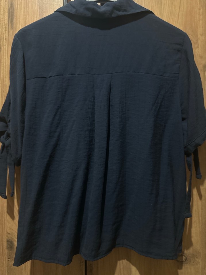 Lacivert Keten Kadın Kısa Kollu Gömlek - Görsel 2