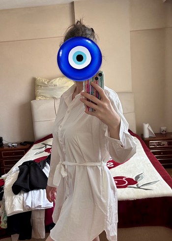 Uzun Kollu Beyaz Bohem Mini Gömlek Elbise - Görsel 2