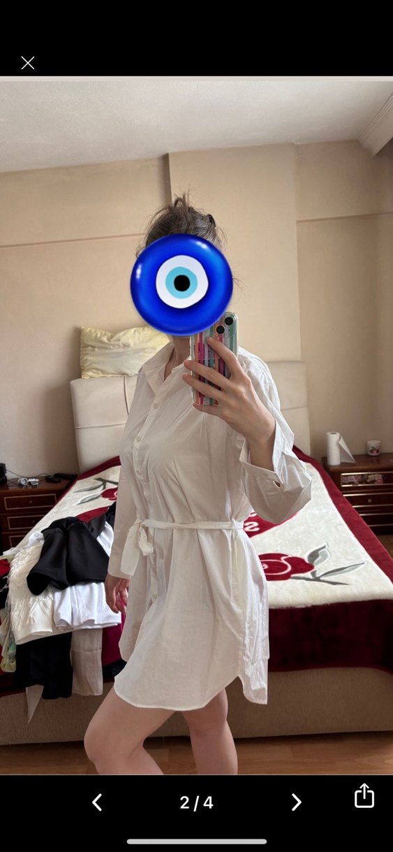 Uzun Kollu Beyaz Bohem Mini Gömlek Elbise - Görsel 2