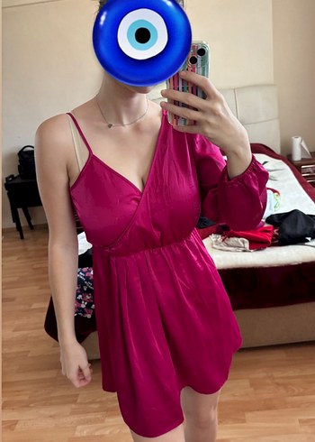 Pembe V Yaka Drapeli Mini Elbise - Görsel 2