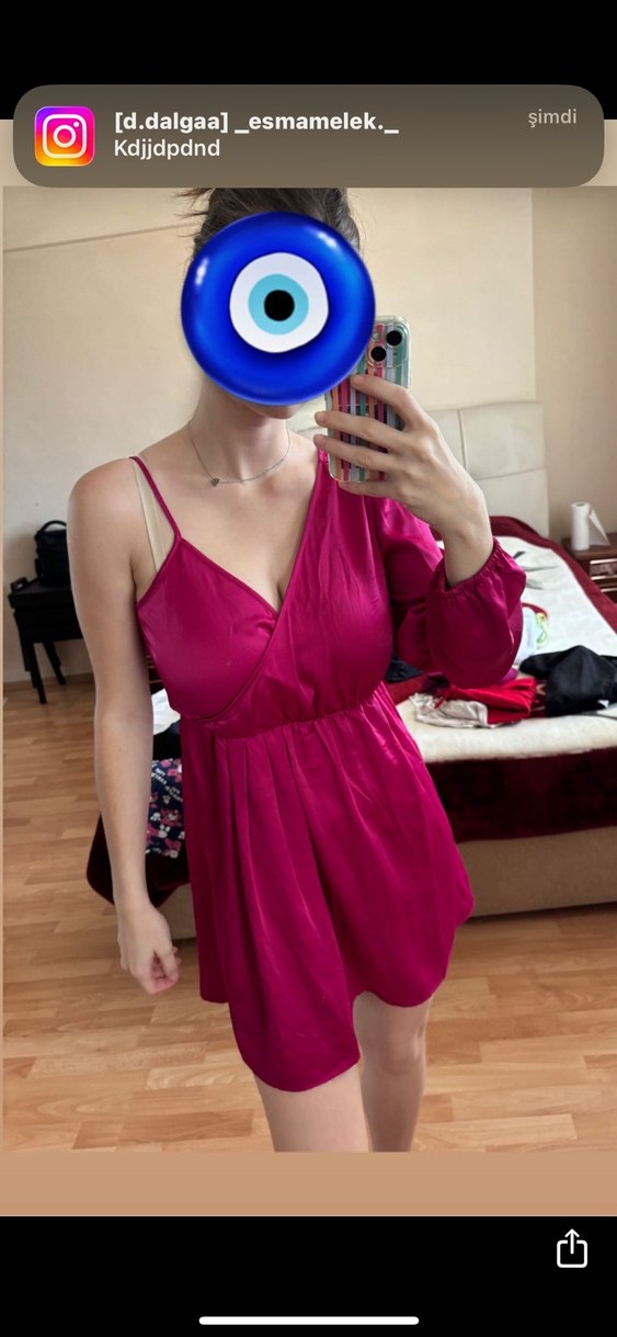 Pembe V Yaka Drapeli Mini Elbise - Görsel 2