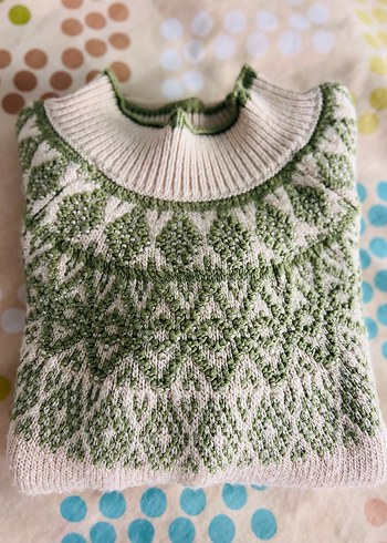 KOTON 9-10 Bohem Stil Beyaz Yeşil Desenli Triko Kazak - Görsel 9