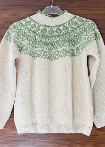 KOTON 9-10 Bohem Stil Beyaz Yeşil Desenli Triko Kazak - Görsel 4