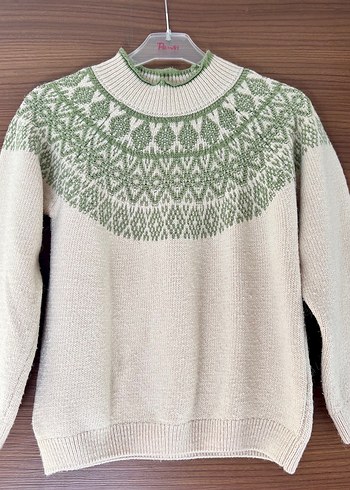 KOTON 9-10 Bohem Stil Beyaz Yeşil Desenli Triko Kazak - Görsel 2