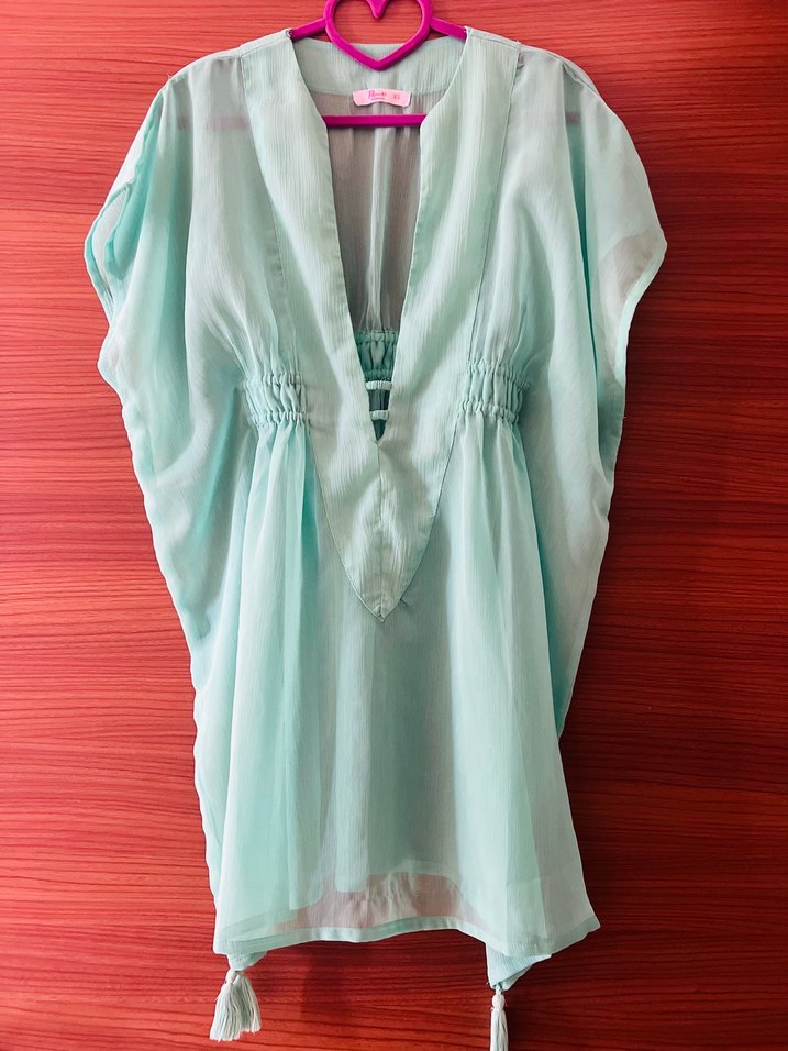 PENTI XS Bohem V Yaka Turkuaz Bağlamalı Plaj Elbisesi - Görsel 2