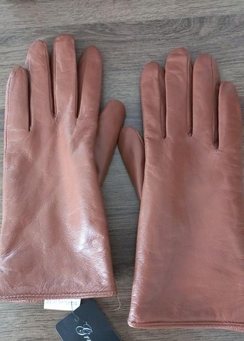 Bej Kadın Deri Eldiven Parlak Vintage