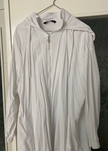 Gevşek Kesim Uzun Beyaz Keten  kapşınlu Ceket - Görsel 3