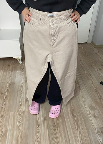 Bej Kadın Midi Bol Kesim Kot Pantolon - Görsel 2