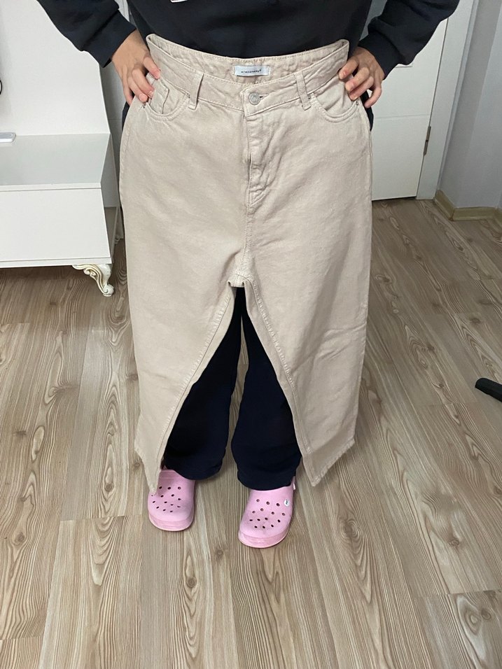 Bej Kadın Midi Bol Kesim Kot Pantolon - Görsel 2