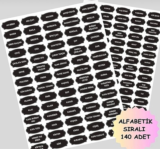 140 adet sıralı siyah baharatlık kavanoz etiket sticker seti