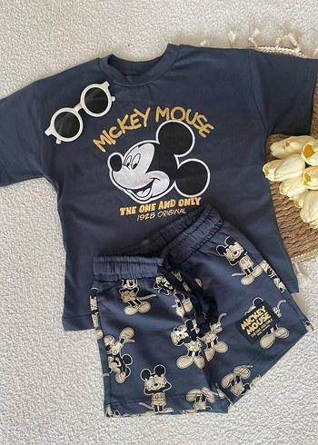 Erkek Bebek Mickey Mouse Baskılı Gri Denim Takım