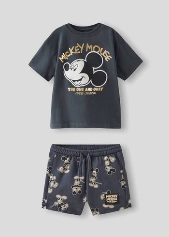 Zara Erkek Bebek Mickey Mouse Baskılı Gri Denim Takım
