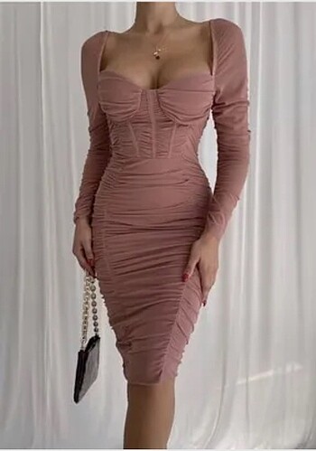 Toz Pembe Midi Boy Elbise