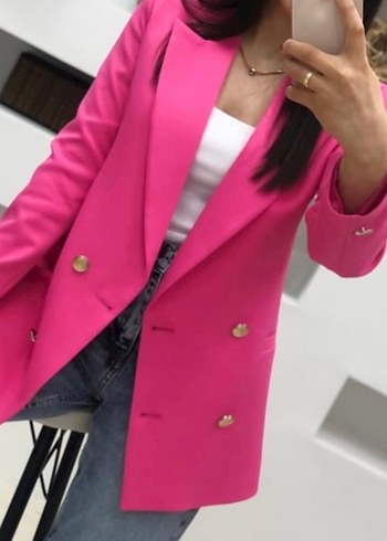 Fuşya Pembe Düğmeli Kadın Blazer Ceket - Görsel 3
