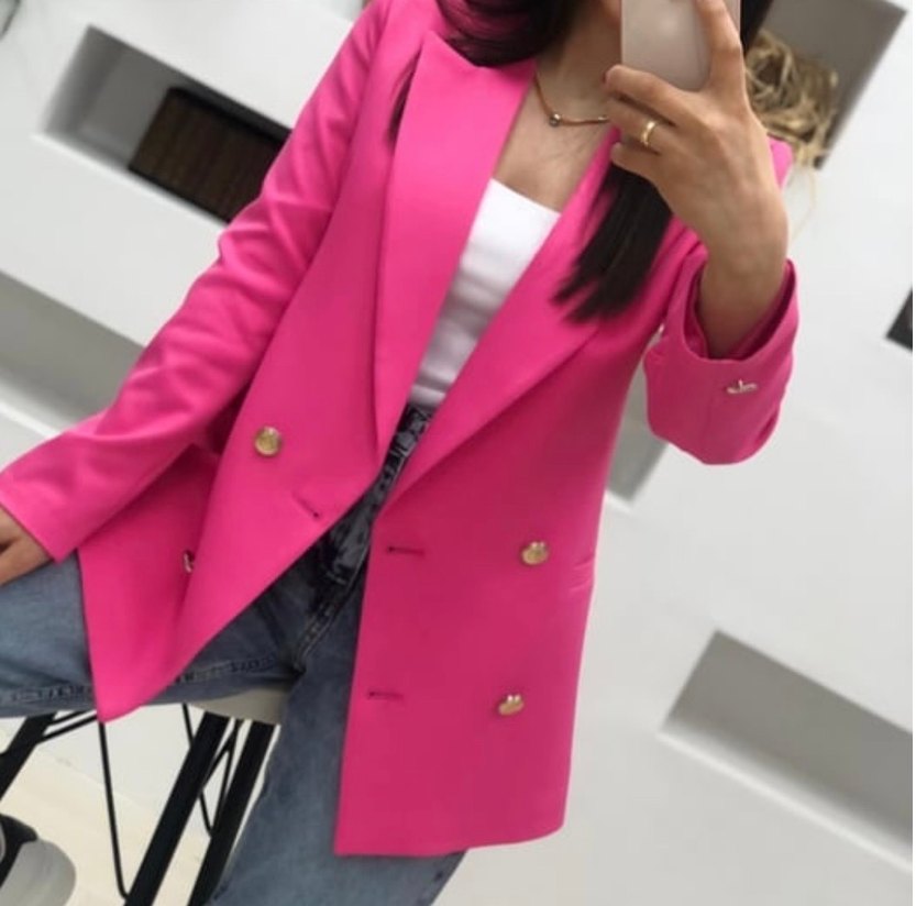 Fuşya Pembe Düğmeli Kadın Blazer Ceket - Görsel 3