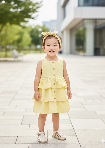 Sarı Kolsuz Katlı Kız Elbisesi - Görsel 3
