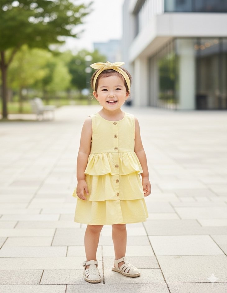 Sarı Kolsuz Katlı Kız Elbisesi - Görsel 3