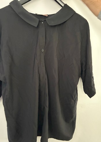 Siyah Kumaş Gömlek, Düğmeli, Yaka Detaylı - Görsel 3