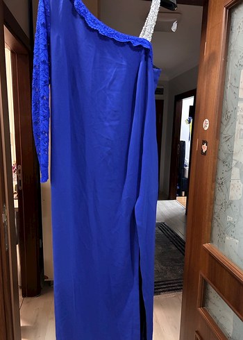 Mavi Drapeli Tek Omuzlu Abiye Elbise - Görsel 2