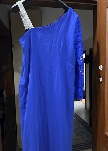 Mavi Drapeli Tek Omuzlu Abiye Elbise - Görsel 3