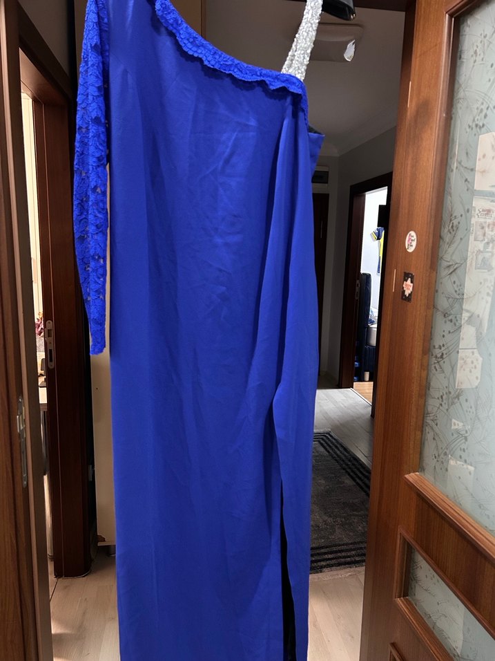 Mavi Drapeli Tek Omuzlu Abiye Elbise - Görsel 2