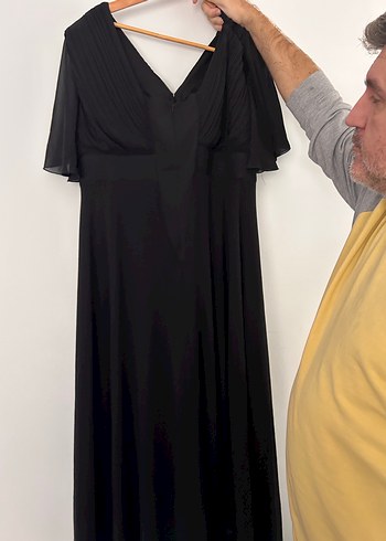 kruvaze Yaka Drapeli Siyah uzun Abiye Elbise - Görsel 6