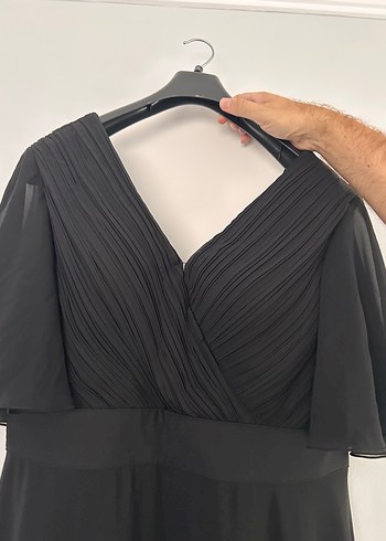 kruvaze Yaka Drapeli Siyah uzun Abiye Elbise - Görsel 2