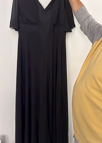 kruvaze Yaka Drapeli Siyah uzun Abiye Elbise - Görsel 7