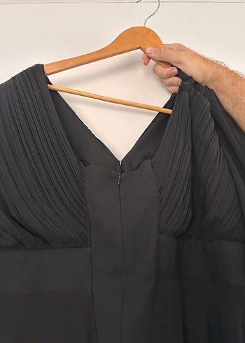 kruvaze Yaka Drapeli Siyah uzun Abiye Elbise - Görsel 4