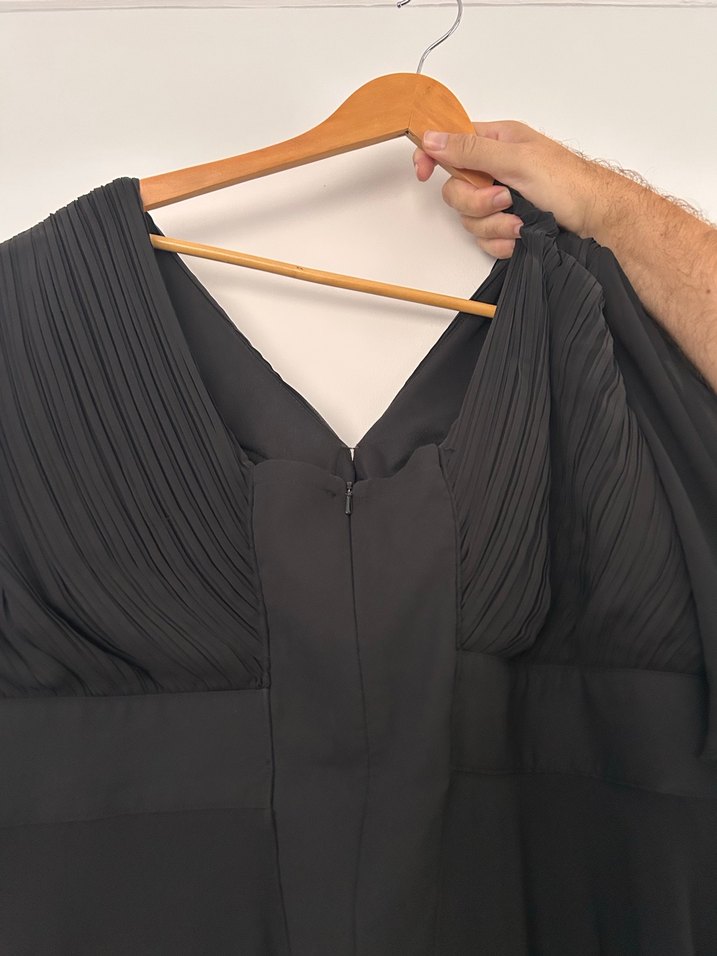 kruvaze Yaka Drapeli Siyah uzun Abiye Elbise - Görsel 4