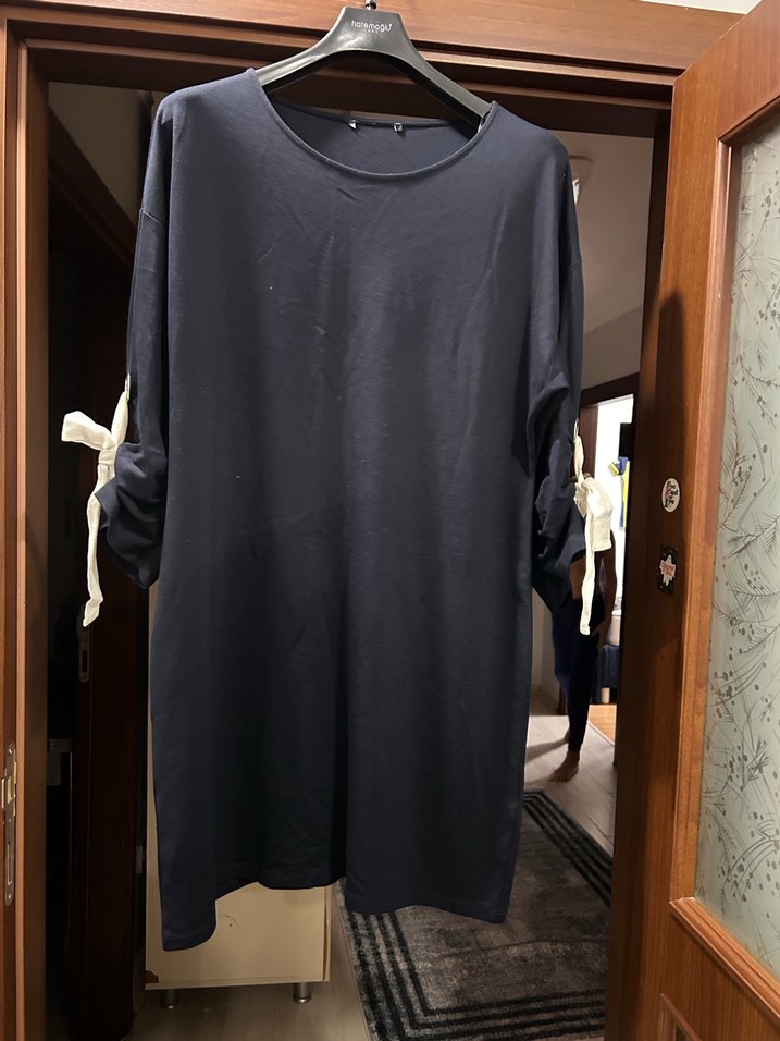 Siyah Uzun Kollu Salaş Midi elbise( tunik) - Görsel 2