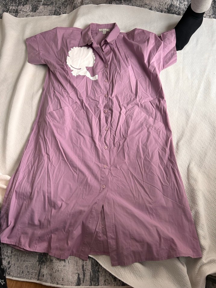 Düğmeli Mor Pamuklu Hamile Gömlek Elbise - Görsel 5