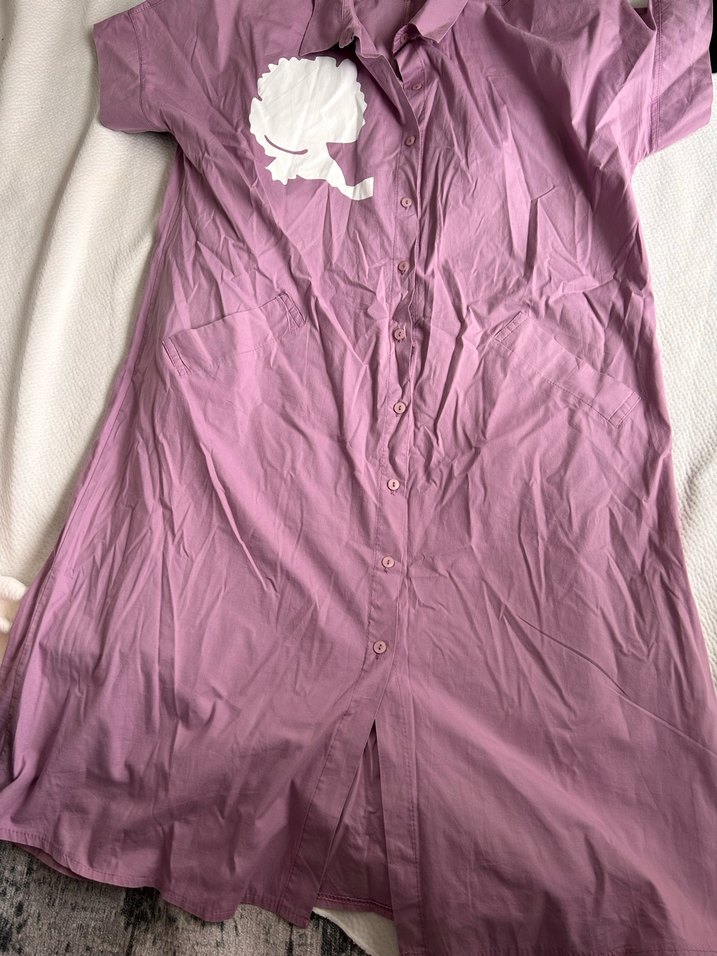 Düğmeli Mor Pamuklu Hamile Gömlek Elbise - Görsel 2