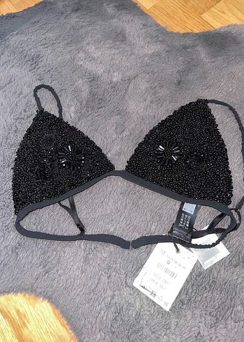 Zara Boncuk taşlı İşlemeli Siyah V Yaka Büstiyer bikini - Görsel 3