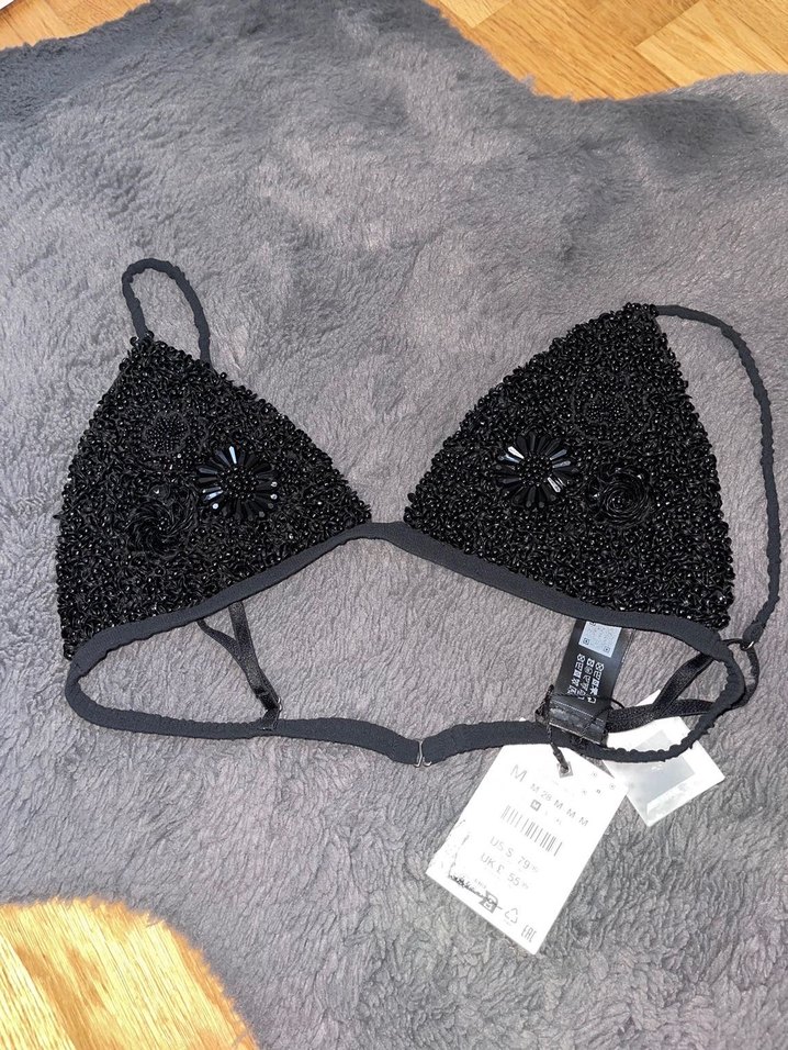 Zara Boncuk taşlı İşlemeli Siyah V Yaka Büstiyer bikini - Görsel 3